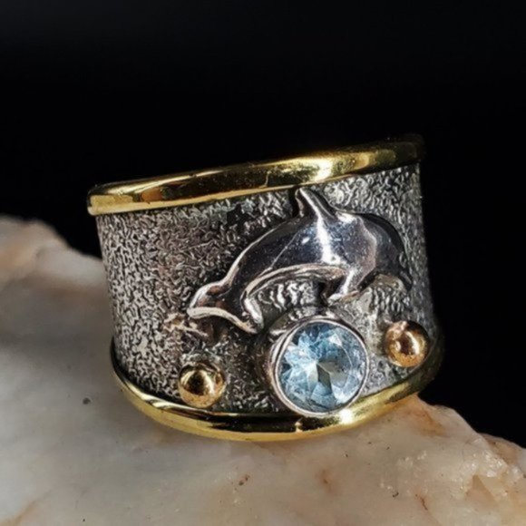 GG Unique Jewelry Jewelry - Sterling Silver/14k Gold Ring Natural Aquamarine
